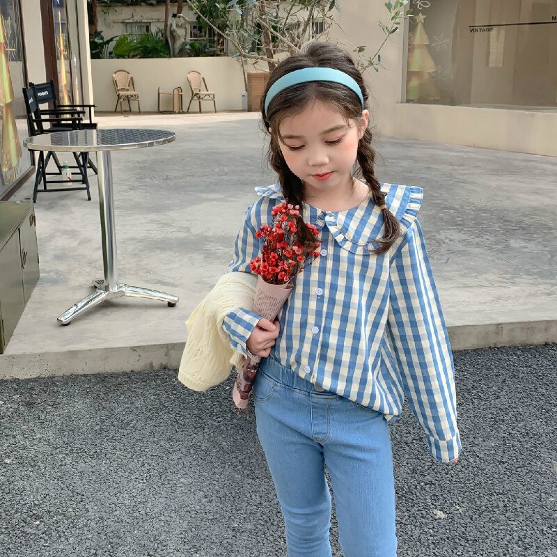 Spring Girls Long Sleeve Plaid Blouses Kids Cotton Blouses Kids Blouse: Blue / 2T