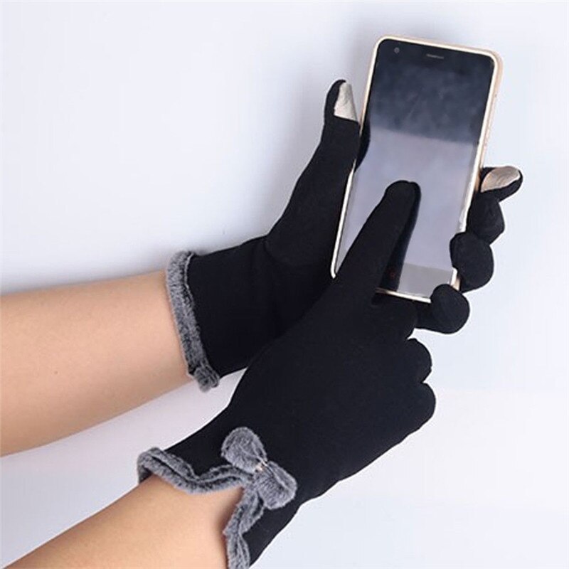 Mulheres Venda quente da Tela de Toque À Prova de Vento Ao Ar Livre Esporte Bowknot Mornas do Inverno Luvas 5 Cores Adultos Criança Luvas de Tela de Toque À Prova de Vento: Black