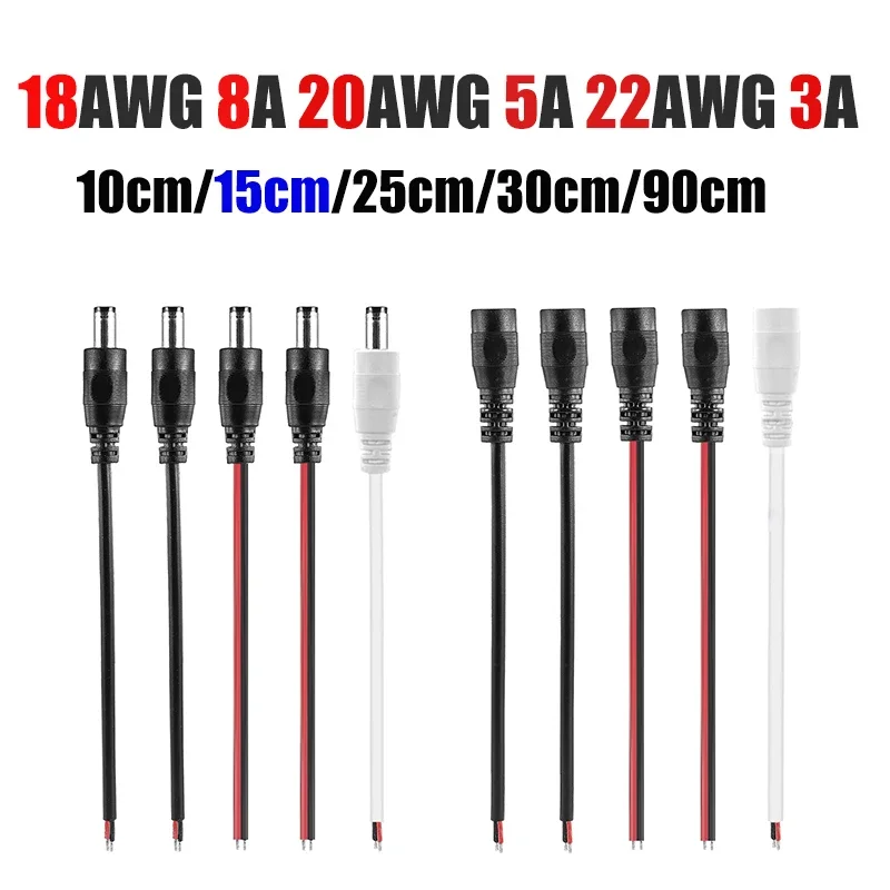 Cable de alimentación CC pelado 22 20 18 AWG macho hembra 12V adaptador conector Pigtail de repuesto para altavoz tira LED cámara CCTV