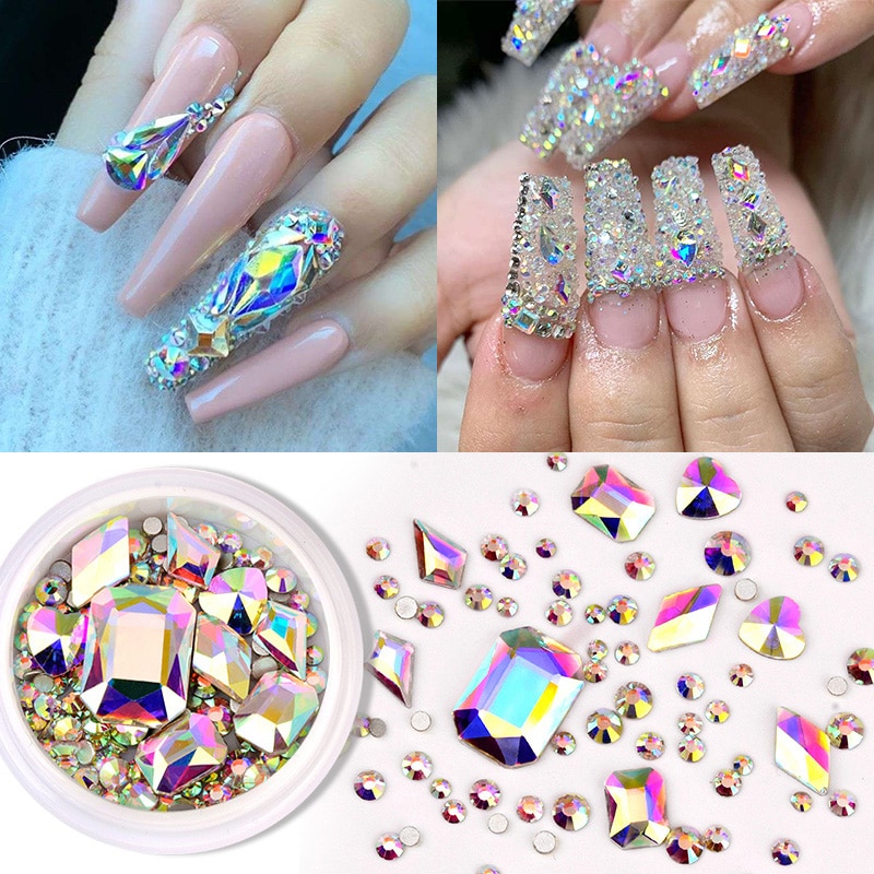 1 Box Nail Strass Ab Kleur Platte Terug Bottom Bling Crystal Mixed Size Vorm Gems Kralen Kleurrijke 3D Nail Art decoraties