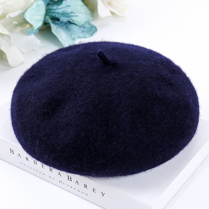 Women Wool Solid Color Beret Female Bonnet Caps Winter All Matched Warm Walking Hat Cap: dark blue