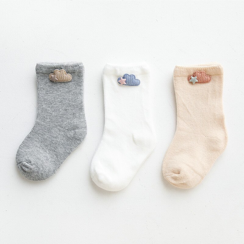 3 Paar/partij Kinderen Zachte Katoenen Sokken Jongen, Meisje, Baby, leuke Cartoon Warme Streep Stippen Mode Sport Sokken Herfst Winter Kinderen: Clouds / XS (0-6months)