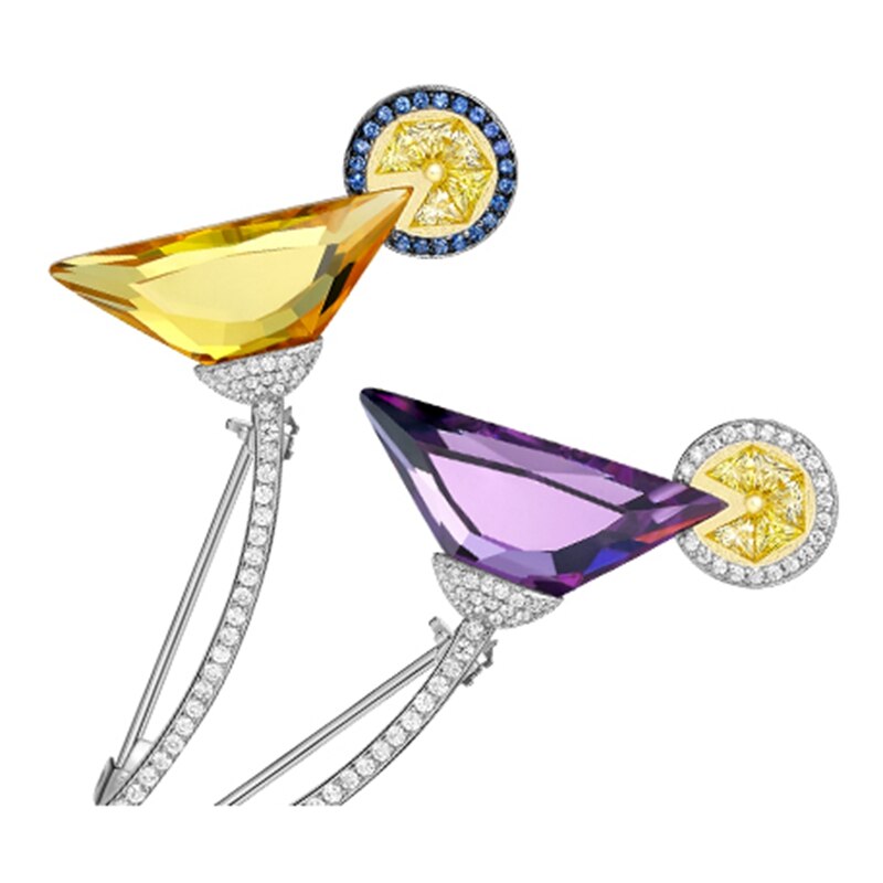 Cute Cocktail Brooch 925 Sterling Silver Zircon Colorful Stone Cocktail Lemon Women Wedding Brooch Pin Jewelry