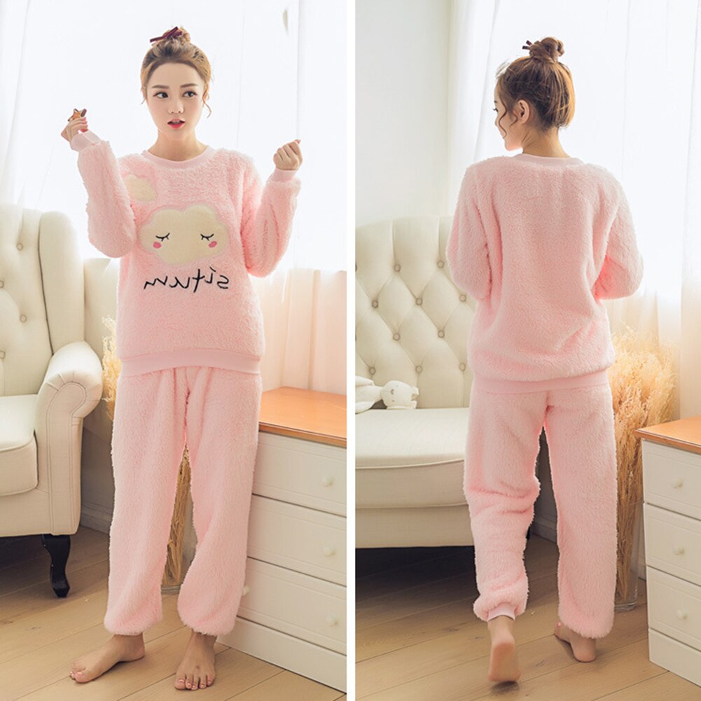 2pcs Korean Winter Warm Thicken Flannel Pajamas Set Sweet Women Long Sleeve Cartoon Print Leisure Homewear Sleepwear Tops+Pants