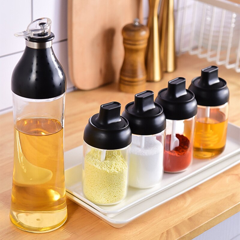 Kitchen Glass Spice Jars With Lid Herbs Soy Sauce Oil Bottle With Label Paper Salt And Pepper Shakers Set Seasoning Organizer