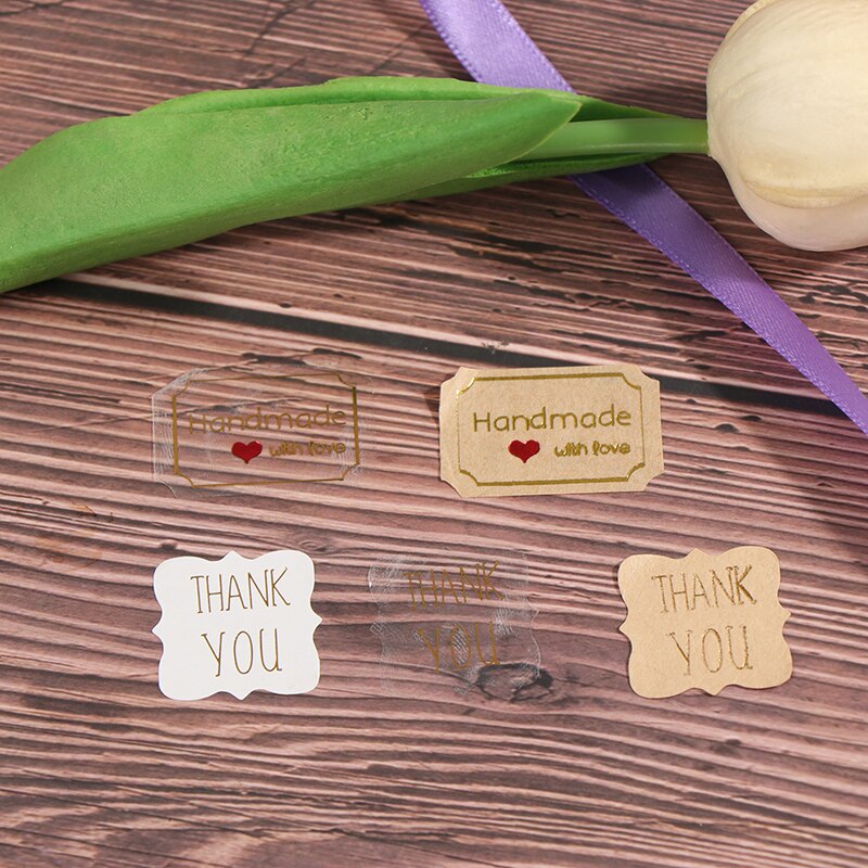 5 vellen = 100 stuks/partij bedankt en met liefde gemaakt, verklaring brief polygoon kraftpapier zelfklevende stickers verpakkingsetiket
