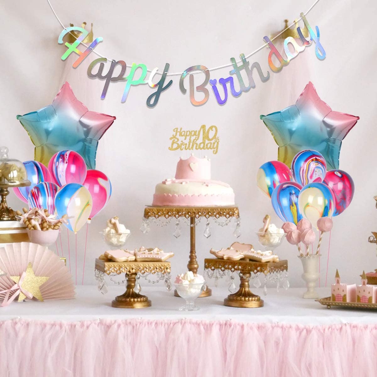 Rainbow 10th Birthday Decorations for Girls Double Digits Birthday Party Decorations Banner Number 10 Balloon Star Balloons