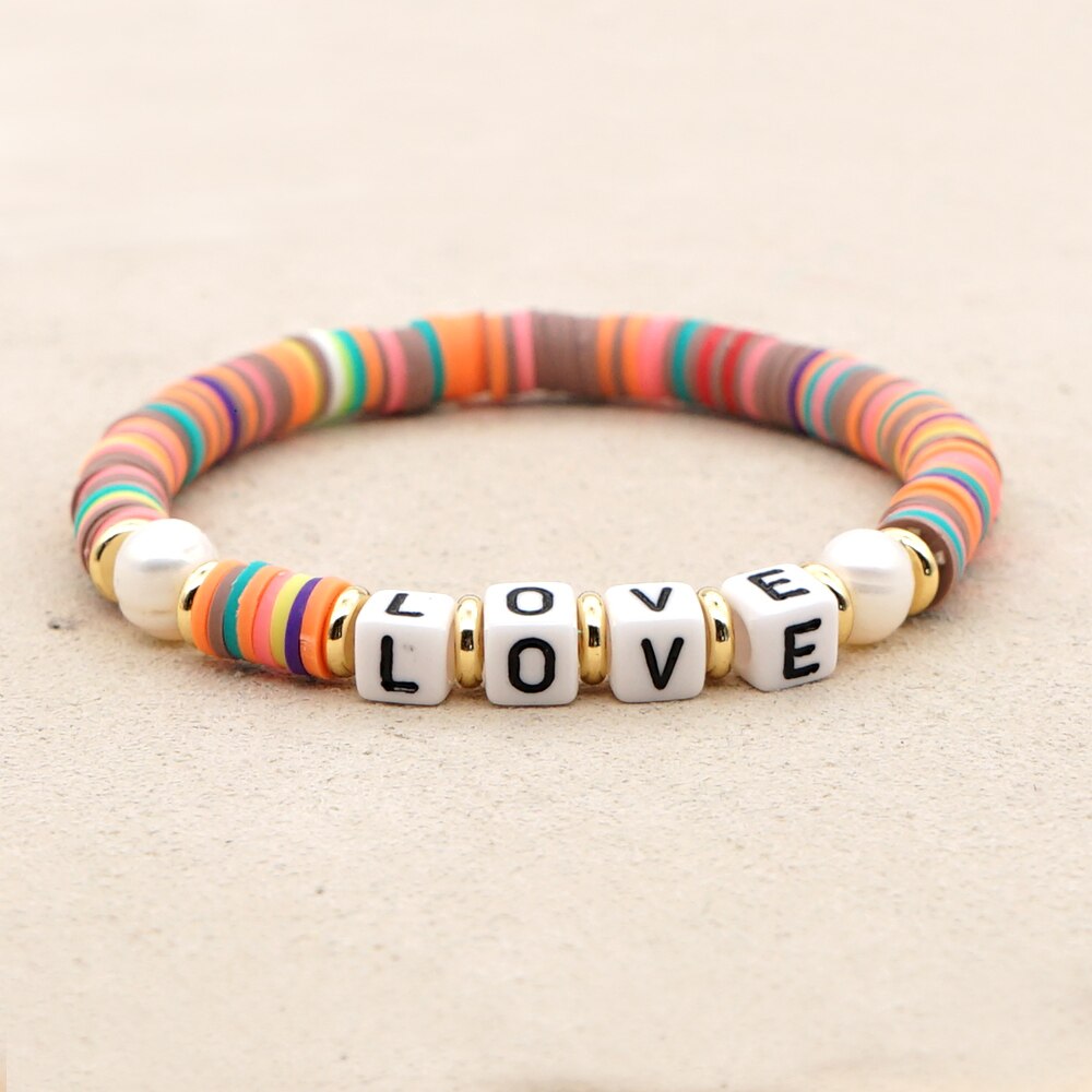 GO2BOHO Heishi arc-en-ciel macramé Bracelet femmes perle disque perles Bracelets lettre Pulsera coloré bijoux faits à la main