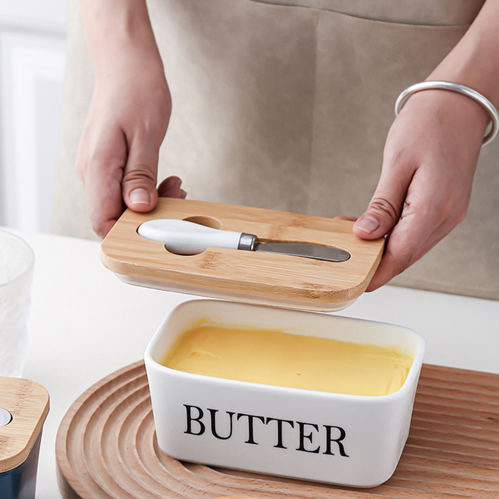 Butter Sealing Box Ceramic Butter Plate with Wood Lids Butter Dish Container Keeper Tray Household Sugar Spices Storage Case