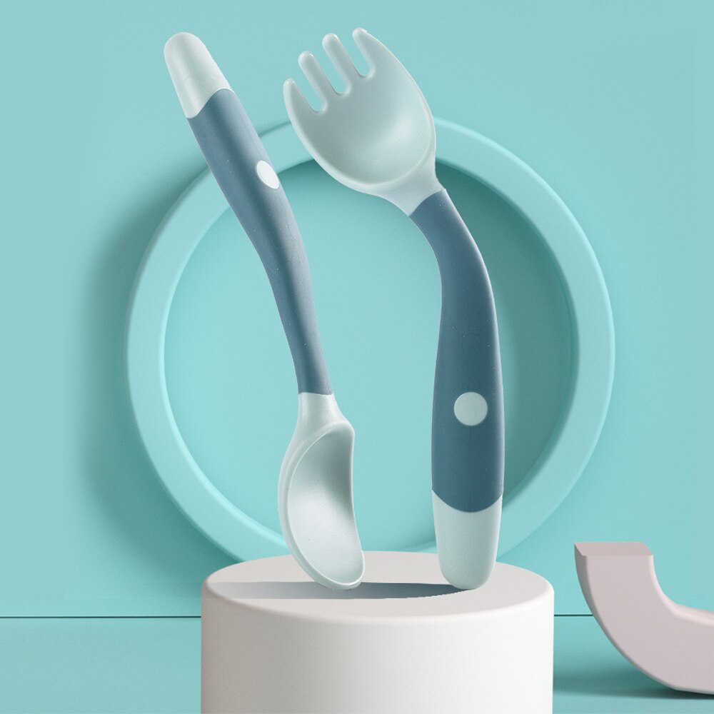 2Pcs Baby Silicone Spoon Toddler Training Bendable Soft Spoons Table Forks Auxiliary Food Utensils Children Tableware Set: Blue 2pcs