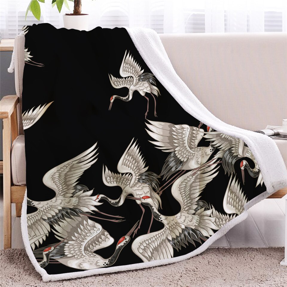BlessLiving Japanese Cranes Sherpa Fleece Blanket Grandado