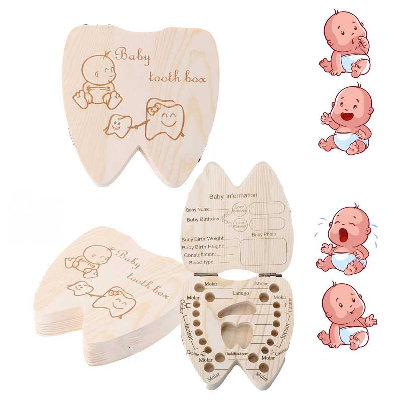 Baby Souvenirs Zahn Kasten Griechischen/Spanisch/Englisch/Russisch/Französisch/Italienisch Holz Milch Zähne Organizer Lagerung Kasten für Jungen Mädchen