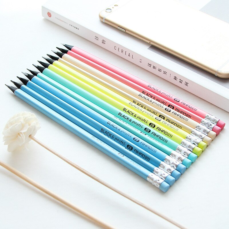 Lápiz negro de madera HB 2B, hermosos caramelos de colores, 12 Uds lápiz para escribir, escuela, oficina, pintura, papelería, lápiz estándar negro