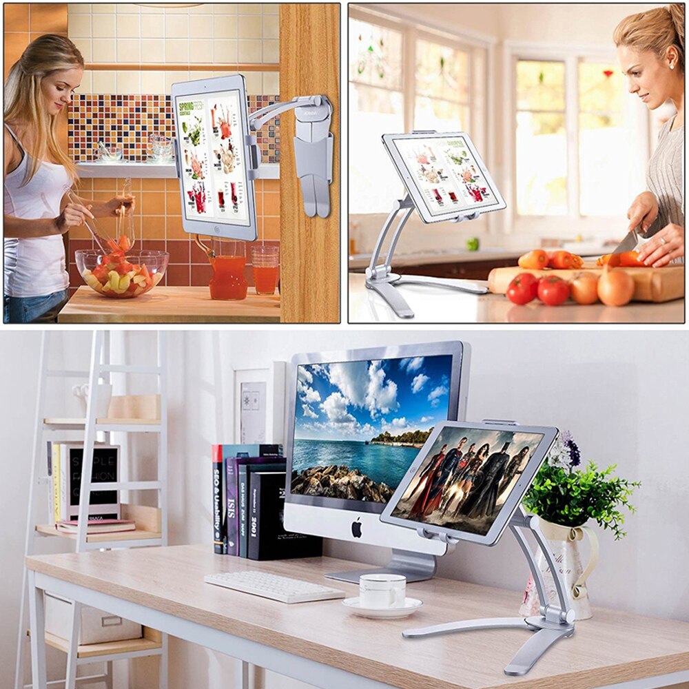 Azimiyo tabletstandaard, wandmontage, bureaustandaard voor tablets van 5-10.5 inch breed, metalen ipad-standaard voor ipad-houder