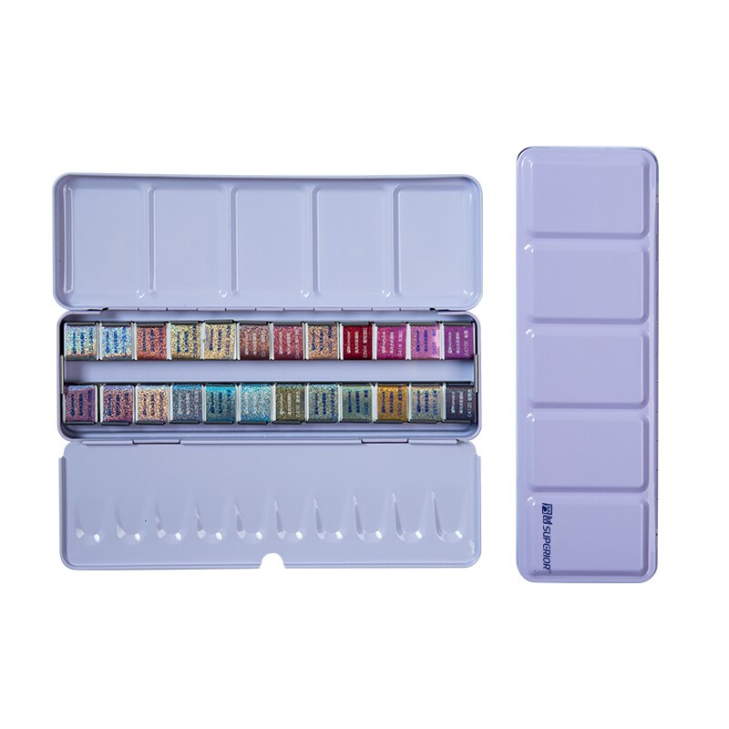 Superieure 12/24/48 Kleuren Glitter Aquarel Verf Effen Kleuren Kunstenaar Aquarel Schildert Roze Draagbare Metal Case Met Palet: 24 colors purple box
