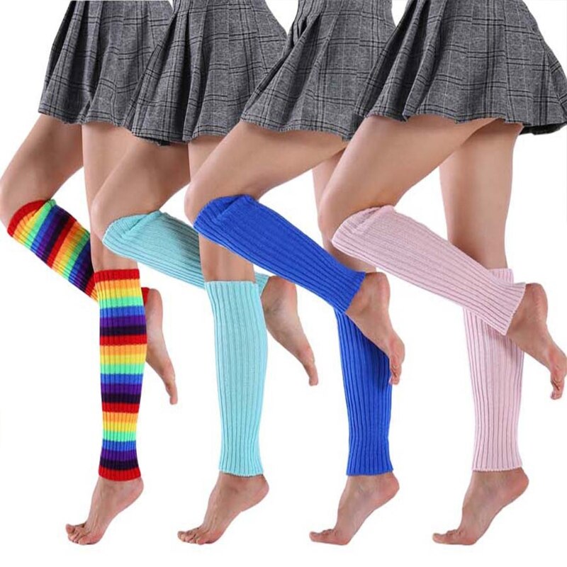 Women Vintage 80s Ribbed Knitted Leg Warmers Fluorescent Color Crochet Long Boot Socks Stockings for Party Dance Yoga