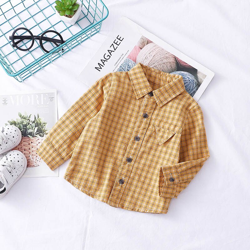 CITRUS-Camiseta de manga larga de algodón para niño, ropa para niño, camisas a cuadros, disfraz de bebé niña, camisa informal, Tops: Yellow / 9 meses