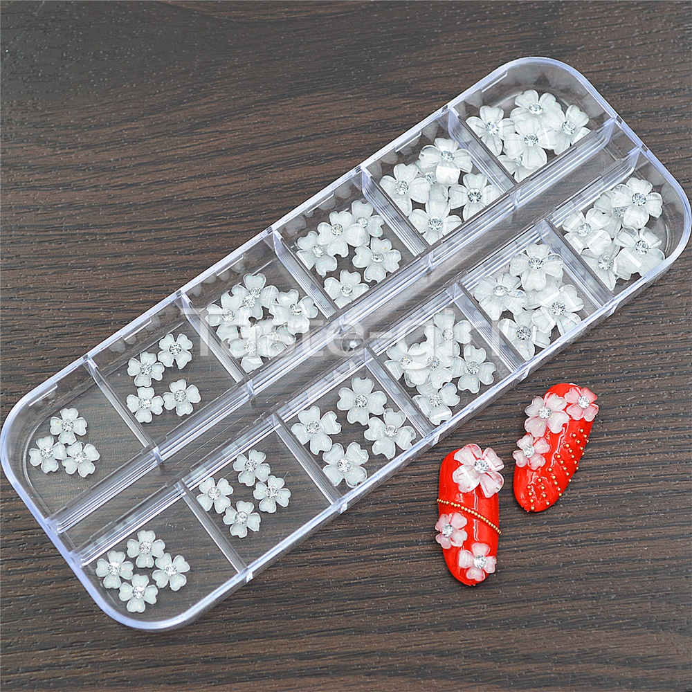 1 ask vit blomma 3d nageldekorationer berlocker naglar glitter strass nageltillbehör verktyg smycken