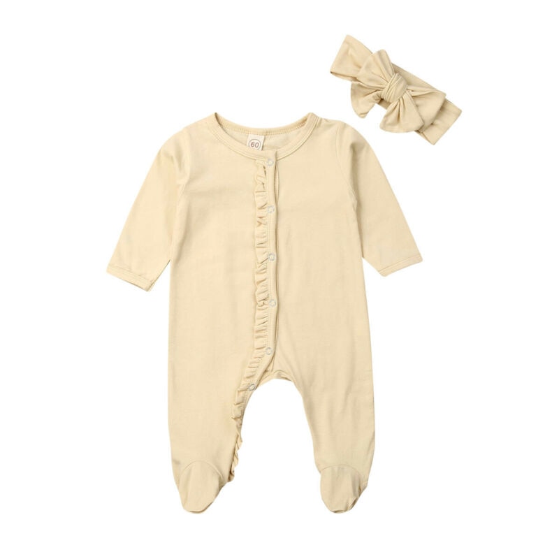 Emmababy 2 stk nyfødt baby pige dreng bomuld langærmet knap flæser solid romper pandebånd pyjamas tøj tøj