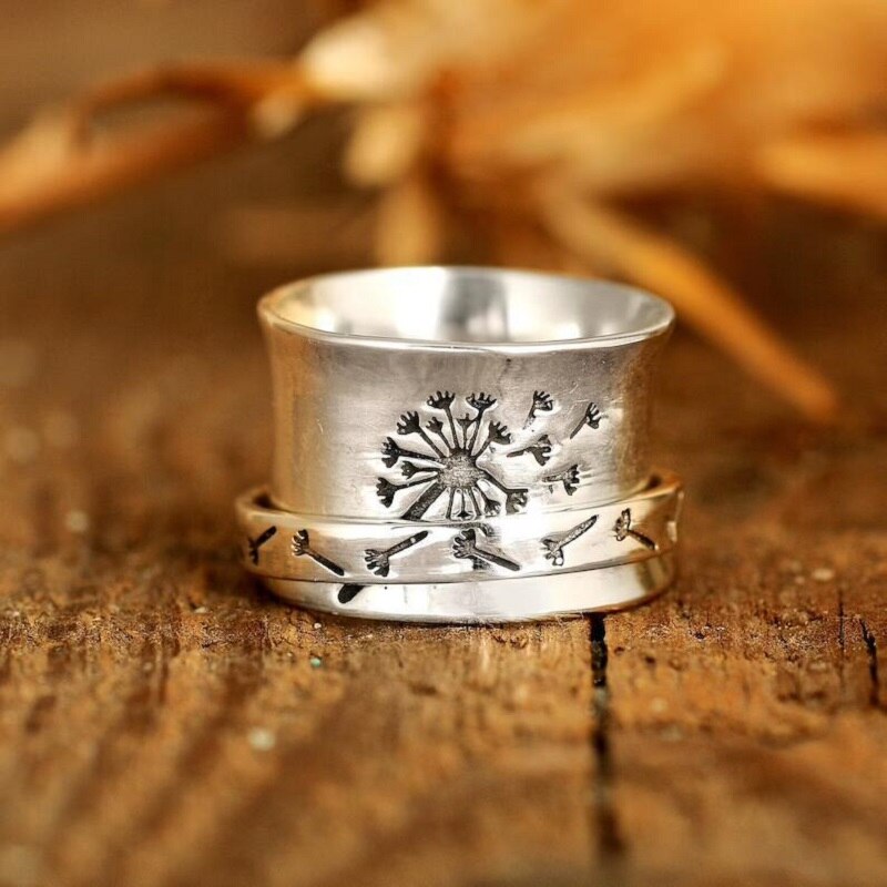 Retro Dandelion Fidget Spinner Rings for Women Anti Stress Anxiety Ring Rotatable Carved Spinning Ring Vintage Gothic Jewelry