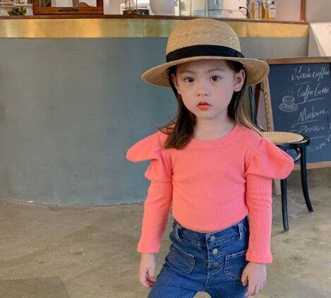 Autunno 2020 delle ragazze del manicotto di soffio di colore della caramella T-shirt 2-7 anni i bambini in cotone all-partita Magliette E Camicette: Colore rosa / 2T