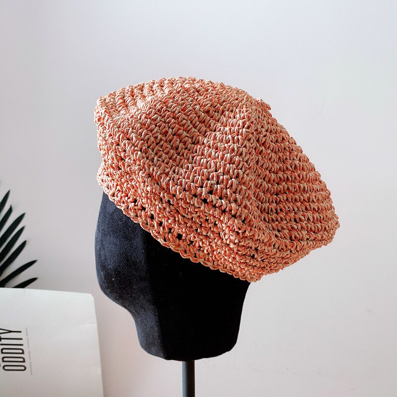 Japanse Zachte Handgemaakte Gras Gehaakte Baret Hoed Vrouwelijke Gemengde Kleur Wilde Schilder Hoed Eenvoudige Mode Achthoekige Hoed: orange