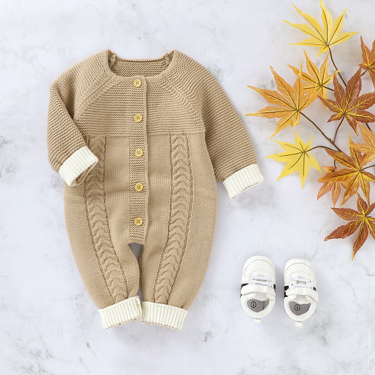 Efterår vinter spædbarn baby pige strikket romper knap langærmet jumpsuit legetøjs sweater: Khaki / 12m