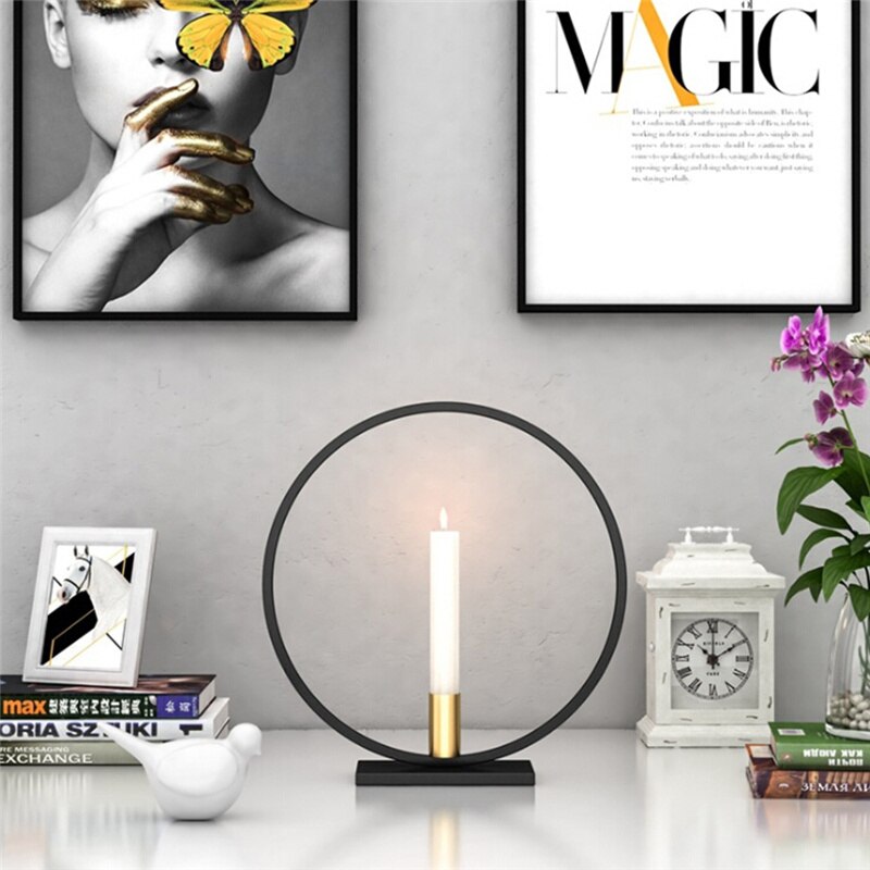 3D Geometric Nordic Round Simple Style Black Candlestick Tea Light Holder Home Table Candlelight Dinner Decoration Iron Metal