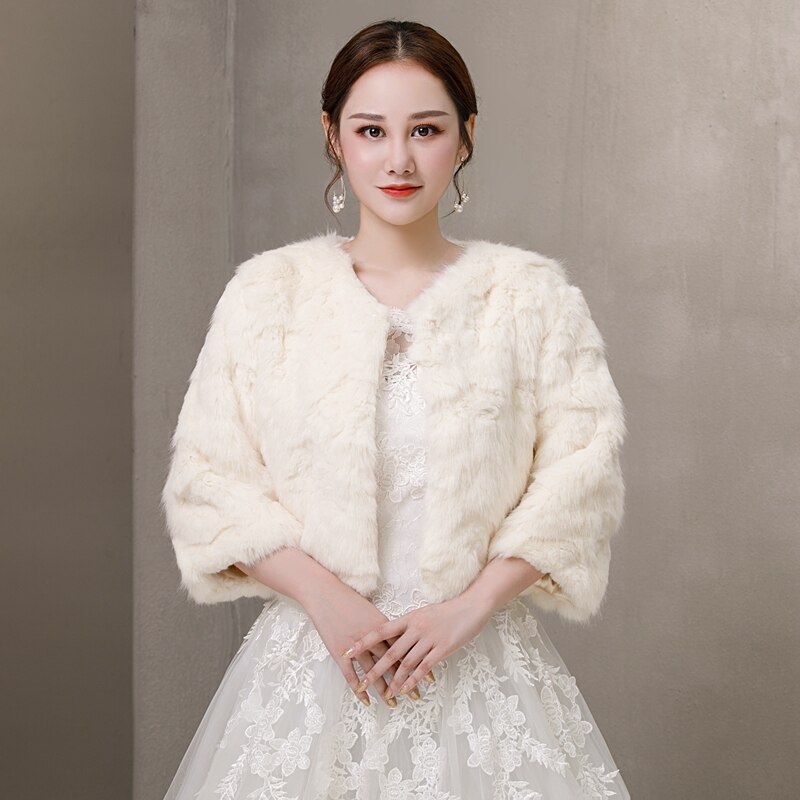 Three Quarter Sleeve Ivory Formal Party Evening Jackets Wraps Faux Fur Wedding Capes Winter Women Bolero Shawls
