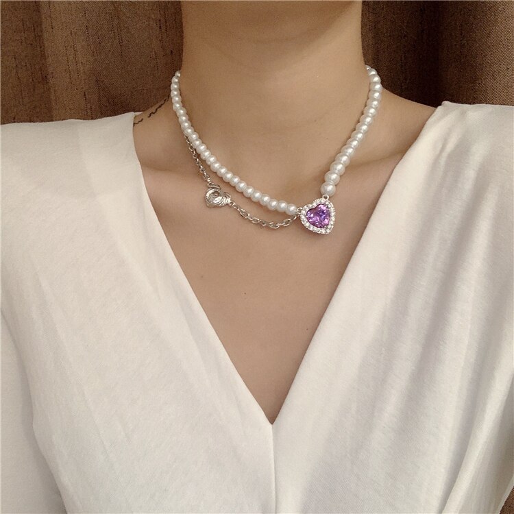 HUANZHI Retro Perle Chian Halskette Bunte Strass Liebe Multilayer Choker Halskette für Frauen Mädchen Partei Schmuck: 2