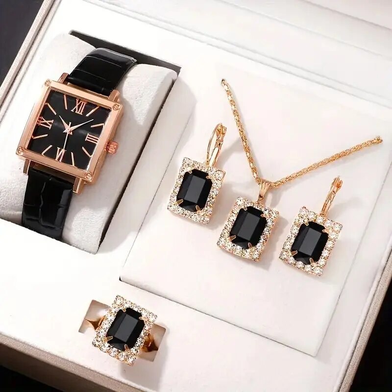 Reloj de cuarzo a la para mujer, esfera cuadrada, de de lujo, relojes de pulsera simples para mujer: Negro