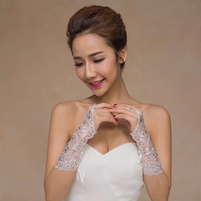 Guantes de boda blancos para novia, guantes cortos sin dedos, accesorios de boda con cuentas de encaje, de fábrica