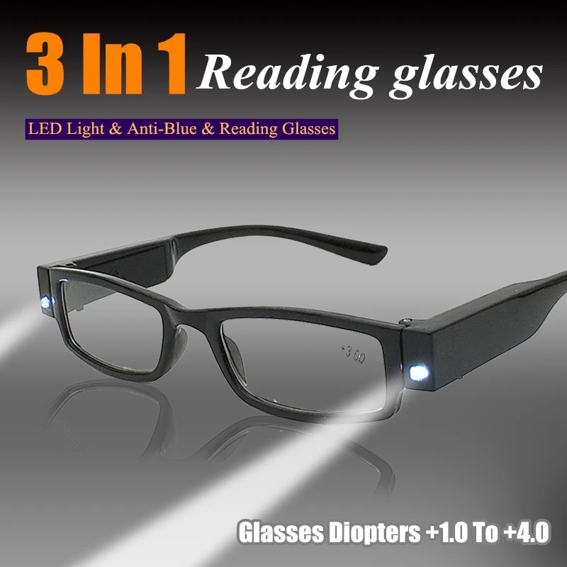 Klassnm-gafas de lectura con luz Led para hombre y mujer, lentes de aumento para presbicia nocturna, dioptrías + 1- + 4