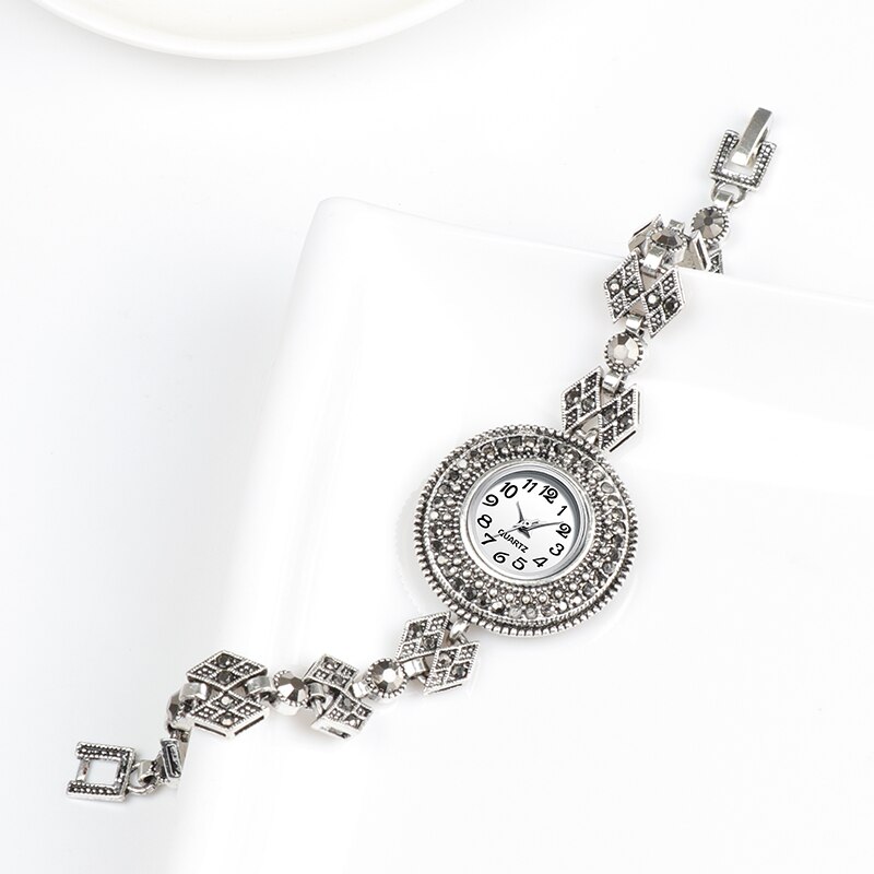 REVELRY-relojes de plata antigua para mujer, pulsera de cristal negro brillante de lujo, reloj de cuarzo Vintage, novedad de