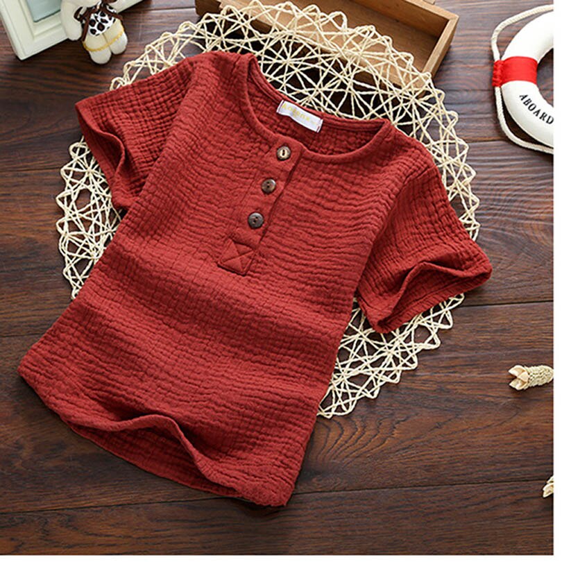 3-7 Jaar Linnen Katoen Baby Boy T-shirt Meisje Zomer T Shirts Comfortabele Tops Tees Kinderkleding Kinderen button Shirt: Red / 7T