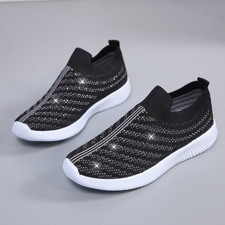 AGUTZM Women's Ladies Ankle Shoes Flat Loafers Crystal Bling Sneakers Casual Ladies Slip On Breathable Casual Shoes h41: Black / 5