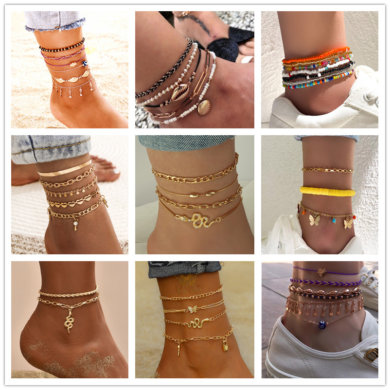 Juego de 8 cadenas para tobillo estilo bohemio para mujer, pulsera de cadena para pierna, playa, Océano, accesorios para pies