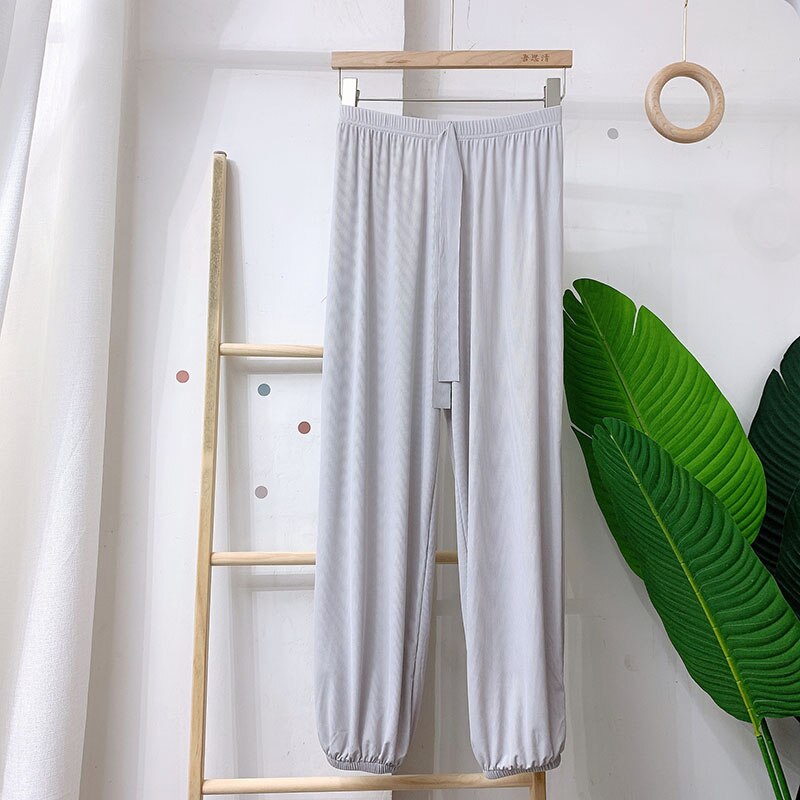 Sanderala-pantalones de dormir de seda de hielo para mujer, ropa interior informal, suelta, con cintura elástica, de punto, con cordón