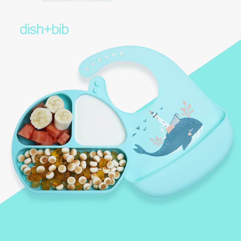 Xcqgh Food Grade Silicone Baby Kinderen Servies Schotel Vork Lepel Bib Set Babyvoeding Producten Plaat: green dish bib