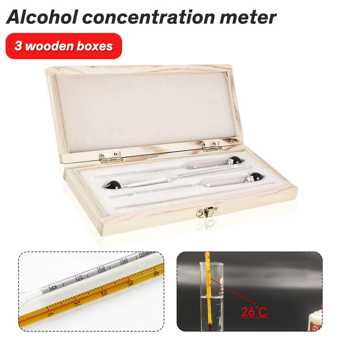 Alcohol Wine Hydrometer Meter In Wooden Box Vintage Alcoholmeter Concentration Instrument Meter (0-40%, 30-70%, 70