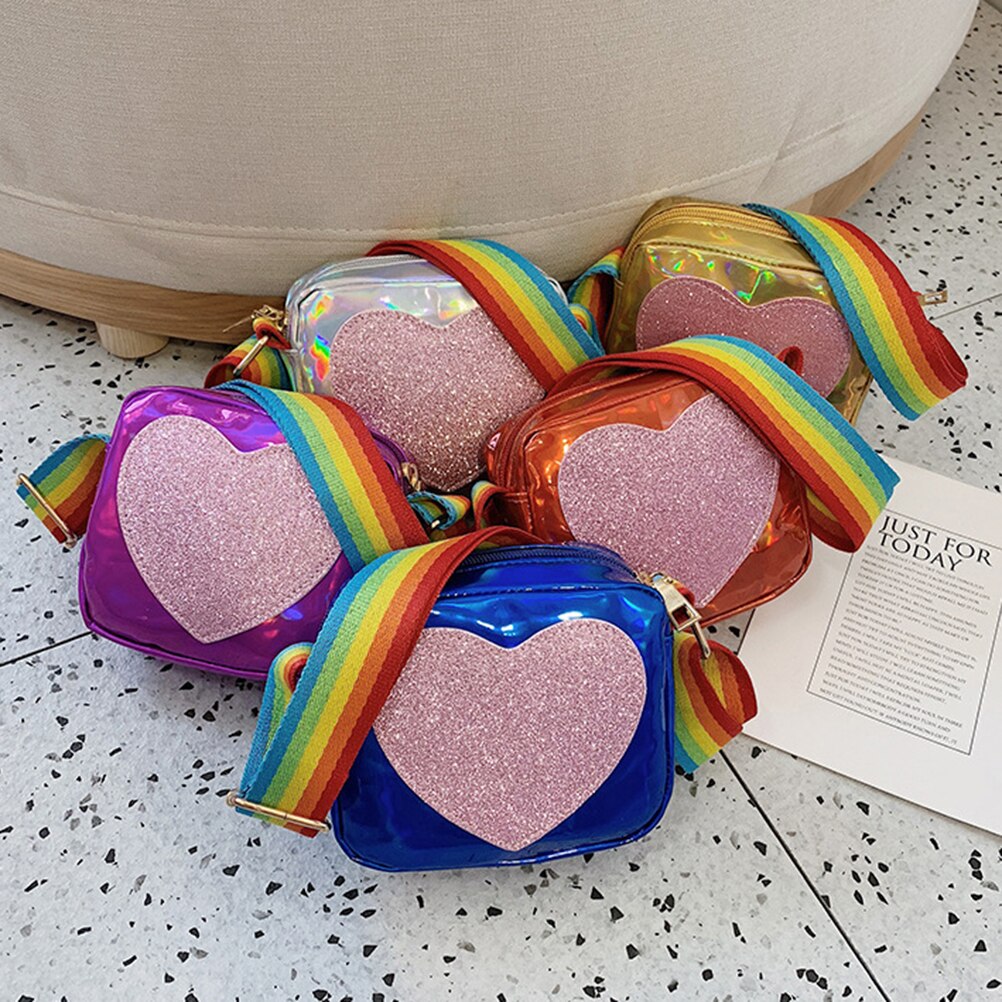 Women Sequins Love Heart Handbag Kids Bag Messenger Shoulder Bag Rainbow Shoulder Strap Crossbody Bag Lovely Wallet for Girls