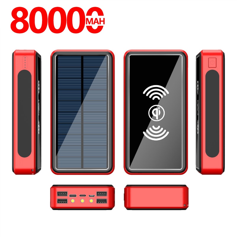Wireless Solar Power Bank 80000 MAhwith Camping Light 4 USB Portable External Battery Charger Pack For Xiaomi IPhone PoverBank