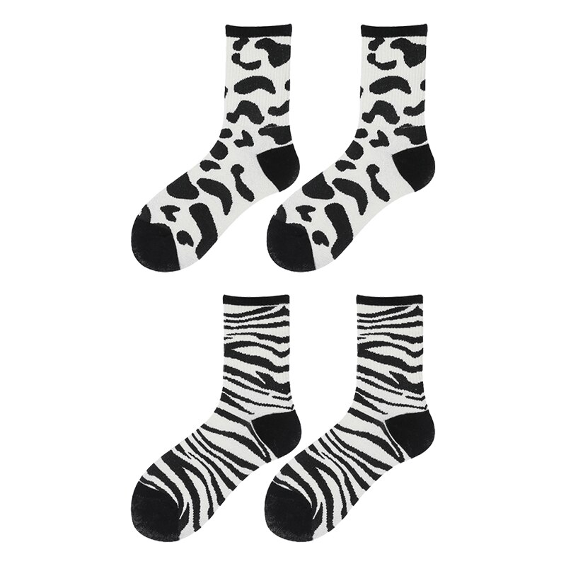 2/1Pairs Women Socks Zebra Stripe Pattern Harajuku Female Causal Socks Autumn Winter Black&amp;White Leopard Socks