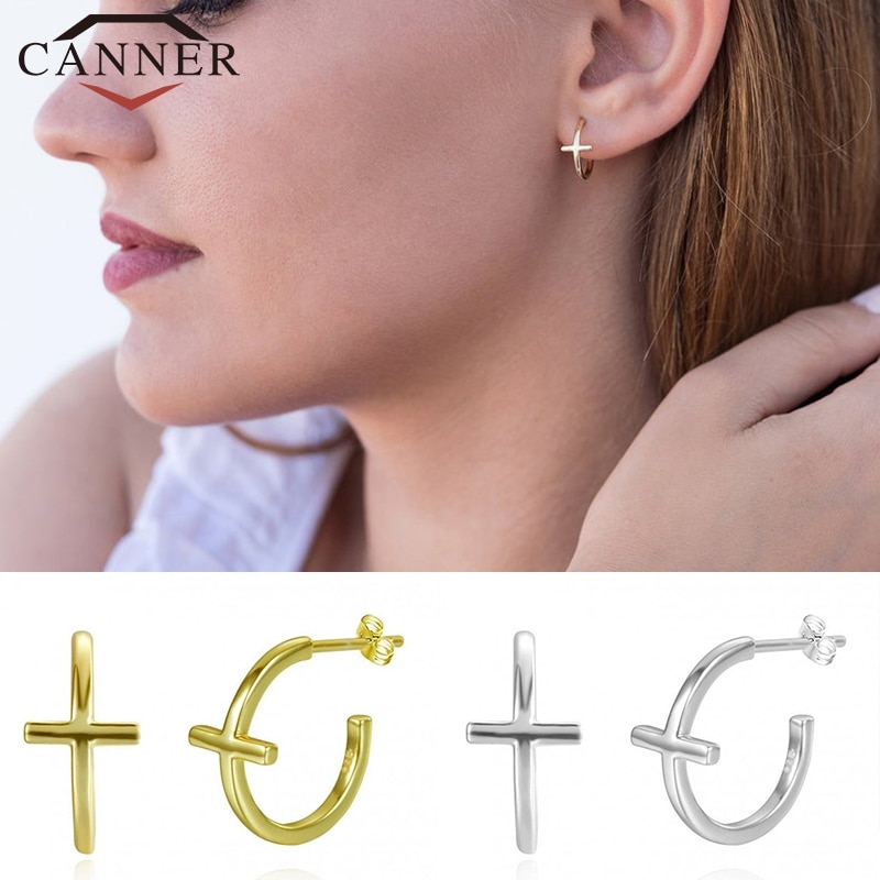 Simple 925 Sterling Silver Cross Stud Earrings for Women Gold Silver color Open Studs Party Earrings Jewelry