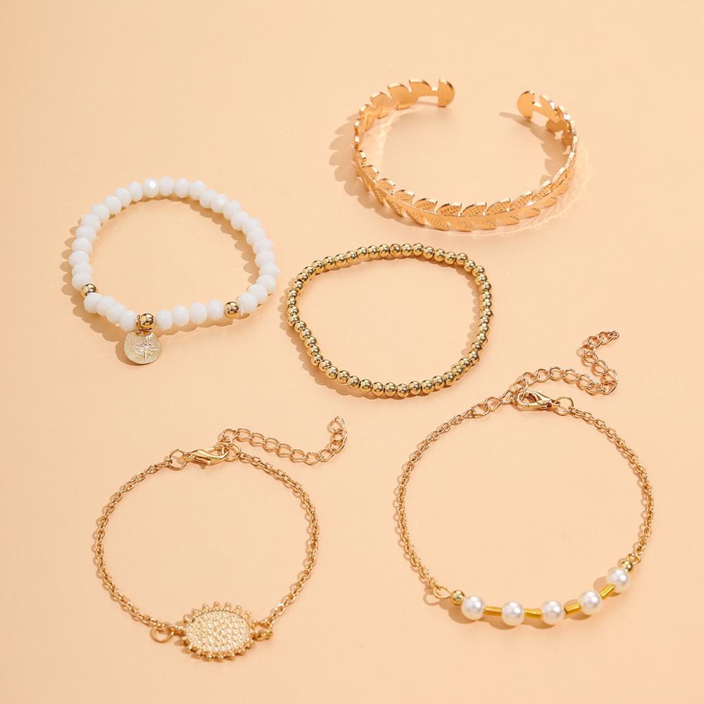 DIEZI 5 pz/impostato Della Boemia dell'oro dell'annata Della Catena sole Flowr Bracciali Braccialetti D'imitazione perle Borda il Braccialetto Delle Ragazze Degli Insiemi Dei Monili Delle Donne