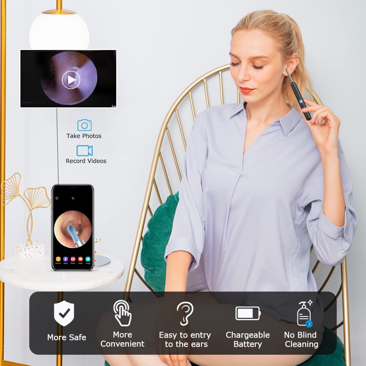 Detergente per la rimozione del cerume con videocamera da 3.5mm 6 luci a LED, otoscopio Video FHD 1080P compatibile con iPhone e Android