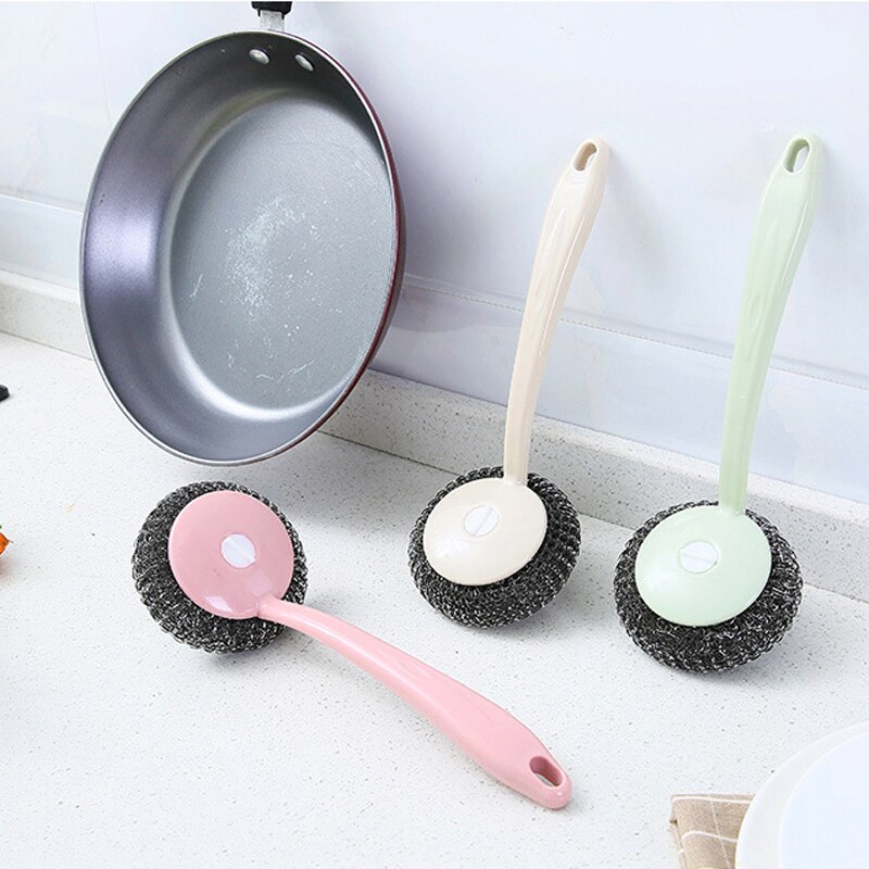 Stainless Steel Wire Ball Brushes Long Handle Wash Pot Bowl Tableware Brush Household Kitchen Brush Scrubber Cleaning Ball Tool