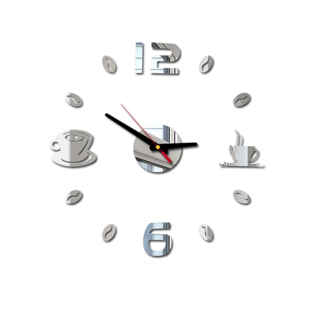 Moderne Acryl Kaffee Tasse Oberfläche Spiegel Aufkleber 3D Wanduhr Hause Büro Wohnzimmer Dekor DIY Wanduhren reloj gekürzt #065: Silber-