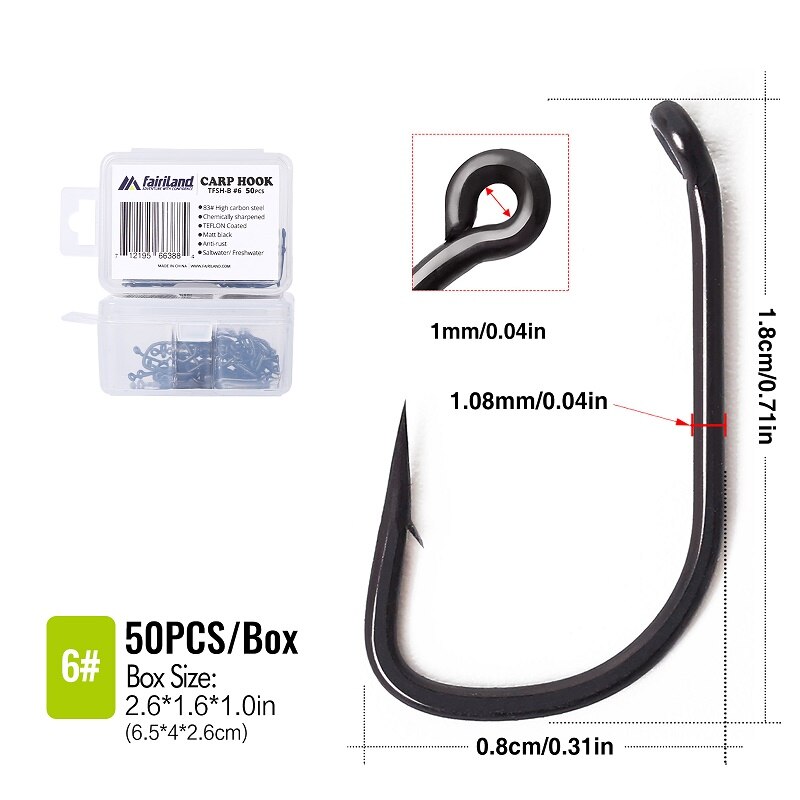 100Pcs/lot barbed fishing hooks TFSH-B fishhooks 2# 4# 6# 8# 10# Black TEFLON Coated high carbon steel Carp Fishing Hook 50 PCS: TFSH-B 6 50 PCS