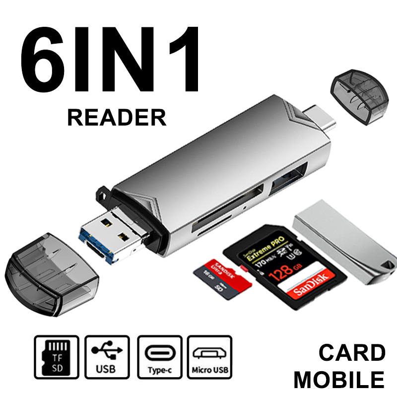 USB 3.0 6 in 1 Multi Functional Card Reader Tpye C Micro USB U DriveTransfer Universal Speed Transmission Mobile Phone Notebook